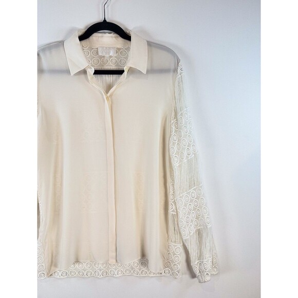 ALEXIS Womens Top Beige Button Up Silk Crochet Lace Sheer Blouse Boho USA Size 6 - Picture 5 of 11